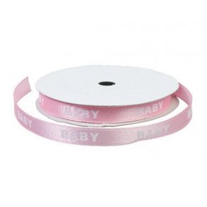 Satinbnd 9mm, ca. 9 m pr. rulle, lyserd m/hvid tekst 