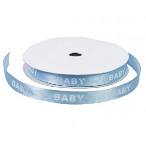 Satinbnd 9mm, ca. 9 m pr. rulle, bl m/hvid tekst 