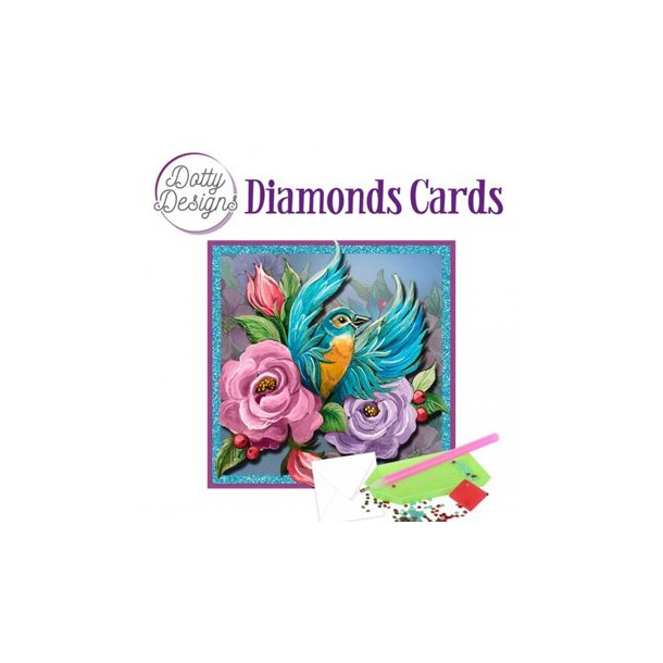 Diamonds Cards, Bl fugl med spredte vinger &amp; blomster, 15x15cm