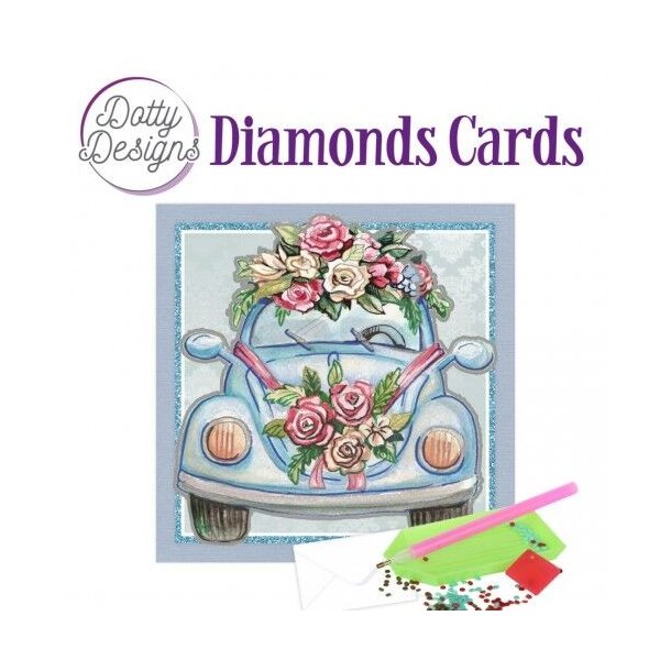 Diamonds Cards, Bryllups-bil pyntet med blomster, ca. 15x15cm