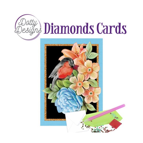 Diamonds Cards, rd fugl og smukke blomster, A6 str.