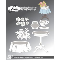Dies/skre stencils, By Lene's BLD1716, bord, dug, blomster og kaffekop