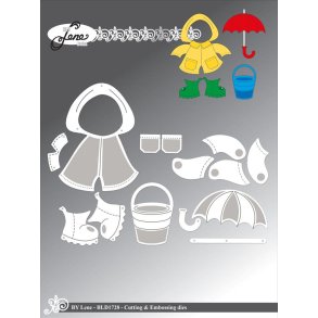 Dies/skre stencils, By Lene's BLD1728, Tilbehr til Panda BLD1727, Regntj, spand, paraply