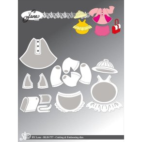 Dies/skre stencils, By Lene's BLD1757, Tilbehr til Glade Grise BLD1750, Badetj, kjole & taske