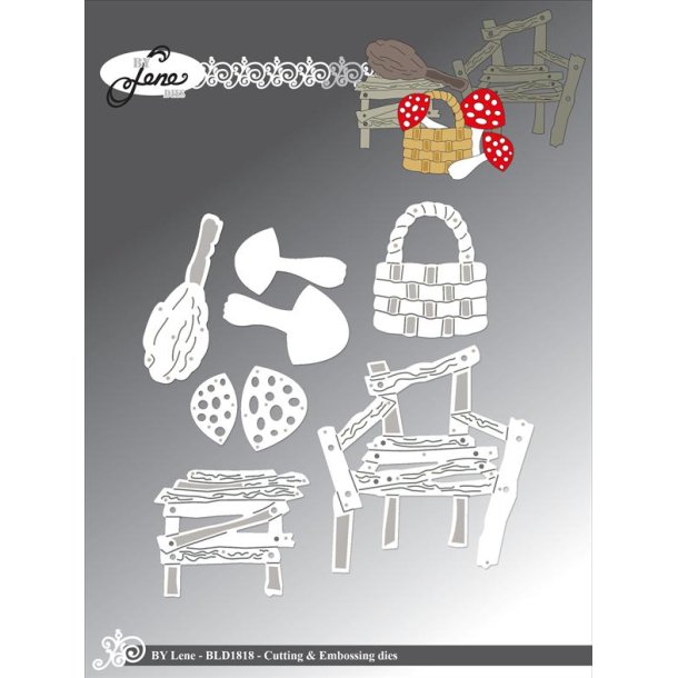 Dies/sk�re stencils, By Lene's BLD1818, Tilbeh�r til troldene (BLD1816) - fluesvampe, k�lle, kurv, stol &amp; bord