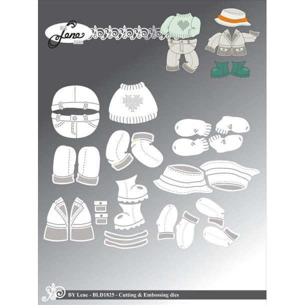 Dies/sk�re stencils, By Lene's BLD1825, Tilbeh�r til troldene (BLD1816) - st�vler, bukser, sweater, jakke, hat