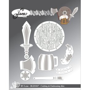Dies/sk�re stencils, By Lene's BLD1847, Tilbeh�r til Vikinger (BLD1844), �kse, sv�rd, skjold & mj�dkrus