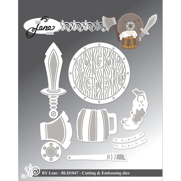 Dies/sk�re stencils, By Lene's BLD1847, Tilbeh�r til Vikinger (BLD1844), �kse, sv�rd, skjold &amp; mj�dkrus