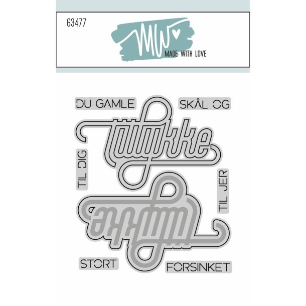 Dies/skre stencils, "Tillykke script" med mange tekster, Made With Love 63477