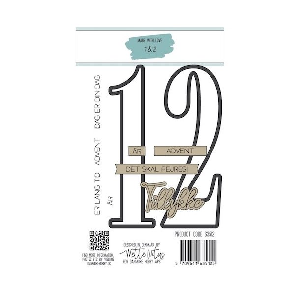 Dies/Sk�re stencils, Made With Love 63512; STORE tal ca. 12cm h�je, 1 (et) &amp; 2 (to) &amp; en masse sm� tekster