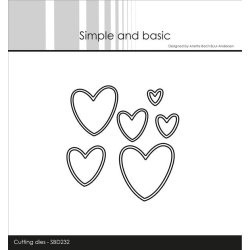 Dies/skre stencil, Simple&Basic, SBD232, Hjerter i omrids &amp; massiv