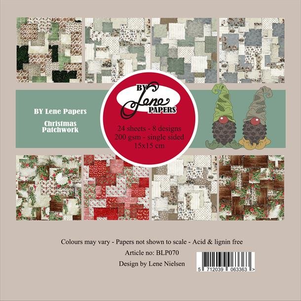 Papirblok i 15x15cm, 24 ark, "Jule patchwork design karton" fra By Lene, BLP070