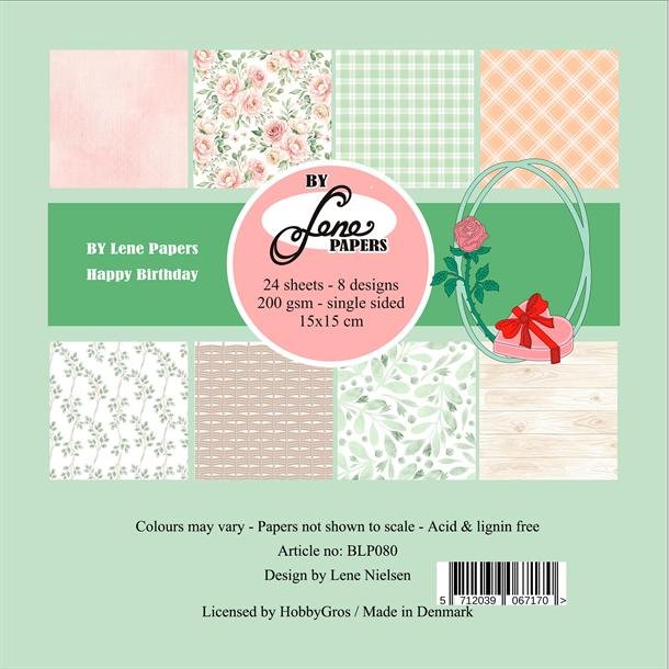 Papirblok i 15x15cm, 24 ark, "Happy Birthday" fra By Lene, BLP080
