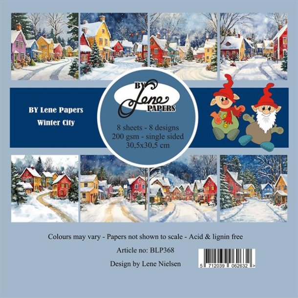 Scrap-blok i ca.30x30cm, 8 ark, "Snedkket vinter by" fra By Lene, BLP368