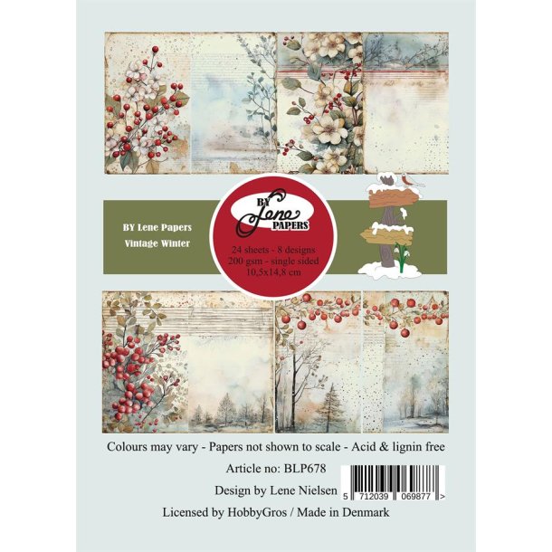 Papirblok i A6str. (10,5x14,8cm), 24 ark, "Vintage Vinter" fra By Lene, BLP678