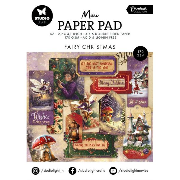 Papirblok fra Studiolight i A7-str., juletema "Fairy Christmas" m/baggrunde &amp; billetter til udklip