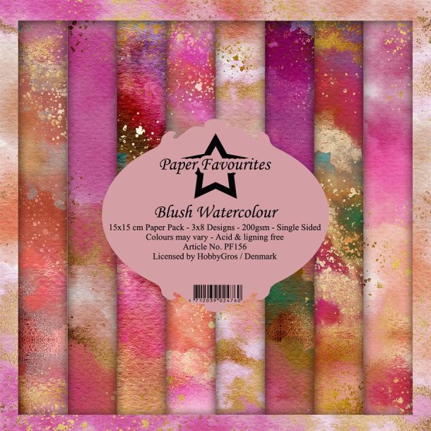 Papirblok i 15x15cm, 24 ark, Paper Favourites PF156, "akvarel baggrunde i pink"