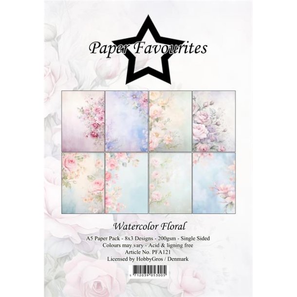 Papirblok i A5 strrelse (14,85x21cm), 8 design, 24 ark, Paper Favourites PFA121 "Watercolor Floral"