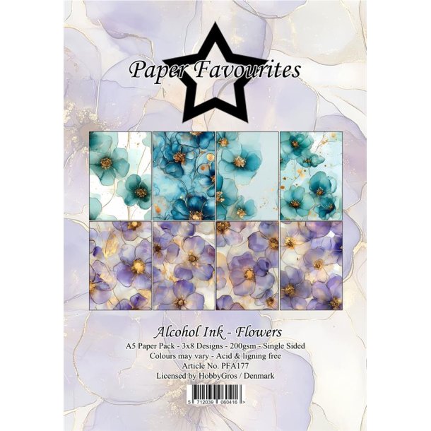 Papirblok i A5 strrelse (14,85x21cm), 8 design, 24 ark, Paper Favourites PFA177 "Blomster m/guld"