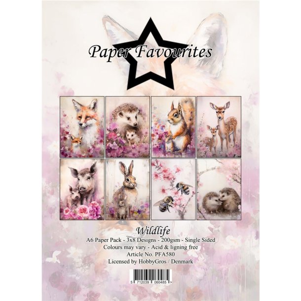Papirblok fra Paper Favourites, Vilde dyr i Danmark, A6-str., 200g, 24 ark i alt