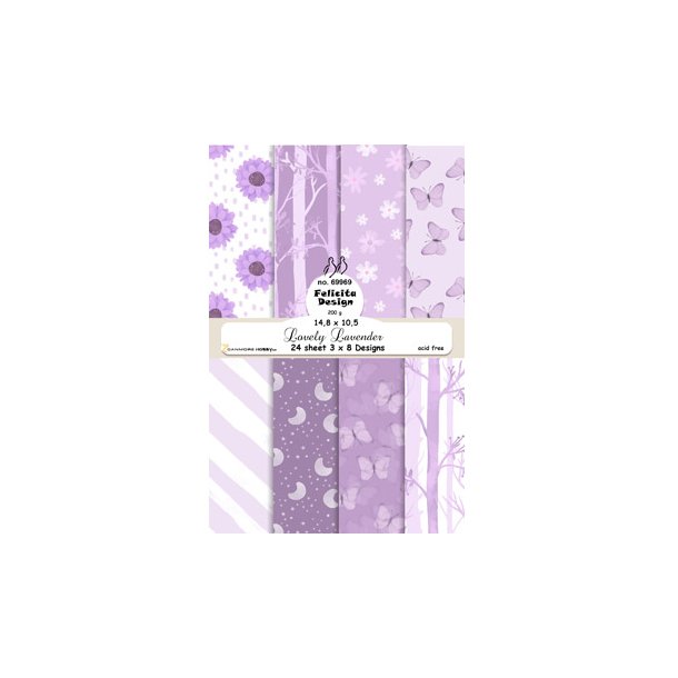 Papirblok fra Felicita Design "Lovely Lavender" 8 design, A6-str., 200g, 24 ark i alt