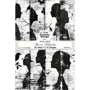 Papirblok fra Felicita Design, s/h silhuetter af mennesker & fugle, A6-str., 200g, 24 ark i alt