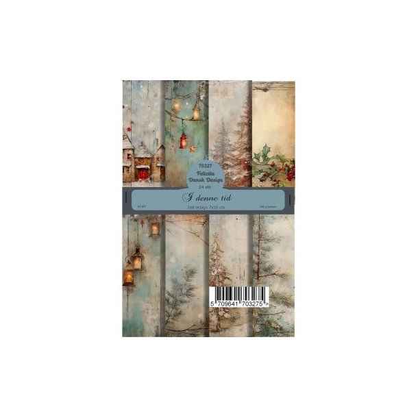 Papirblok fra Felicita Design - Jul; Baggrunde m/tr�er, huse, lanterner i rolige gr�n-beige-r�de farver, A6-str., 190g, 24 ark i alt
