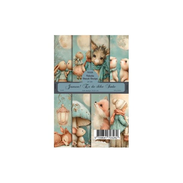 Papirblok fra Felicita Design - Vinter; Baggrunde m/s�de b�rn &amp; dyr i rolige gr�n-beige-bl�-fersken farver, A6-str., 190g, 24 ark i alt