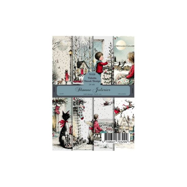 Papirblok fra Felicita Design - Jul; Baggrunde m/svensk inspirerede tegnede julemotiver, A6-str., 190g, 24 ark i alt