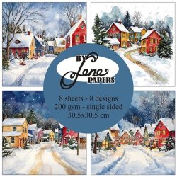 Scrap-blok i ca.30x30cm, 8 ark, "Snedkket vinter by" fra By Lene, BLP368