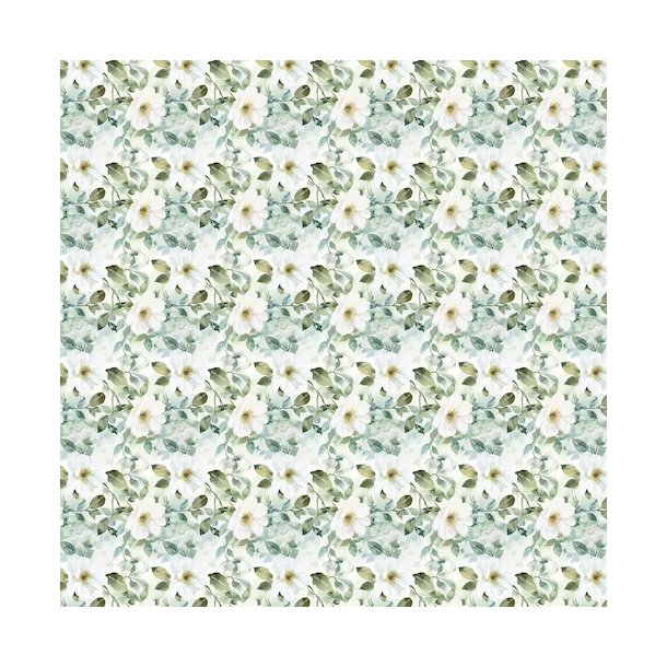 Scrappapir ca. 30x30cm, blomster mnster i hvid/stvet grn, 2-sidet, 200g