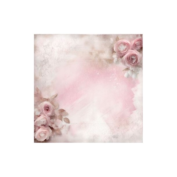 Scrappapir ca. 30x30cm, 2-sidet; svag rosa &amp; lysegr� farver m/blomster i hj�rnerne, 200g