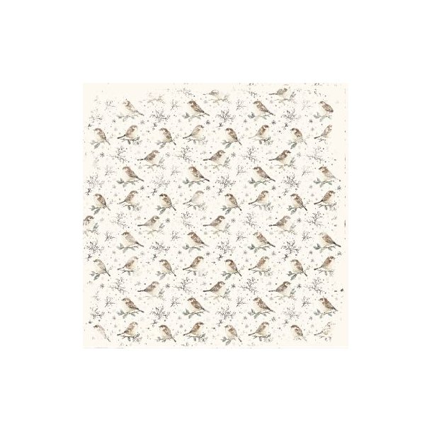Scrappapir ca. 30x30cm, smukt jule/vinter design m/fugle &amp; kristtjrn, 2-sidet, 200g