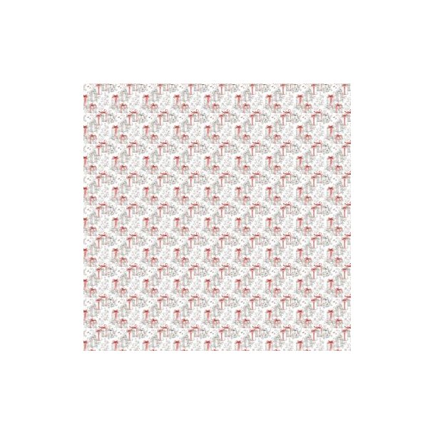 Scrappapir - Jul; ca. 30x30cm, 2-sidet; hvid baggrund m/gaver &amp; matchende r�d, 190g