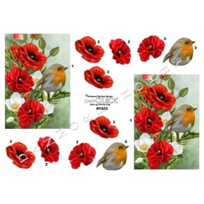 3D klippeark - Blomster. Rd/hvide blomster med fugl