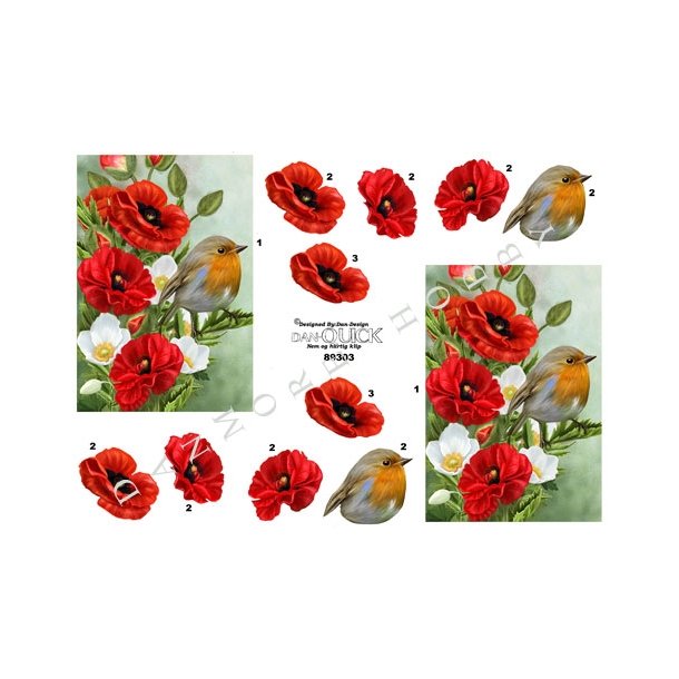 3D klippeark - Blomster. Rd/hvide blomster med fugl