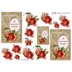 3D klippeark - Bryllup, hjerte, r�de blomster