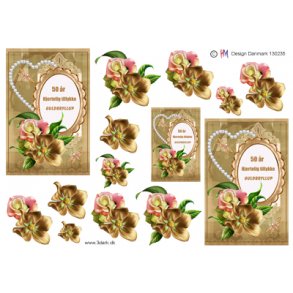 3D klippeark - Guldbryllup, hjerte, blomster, 50 r