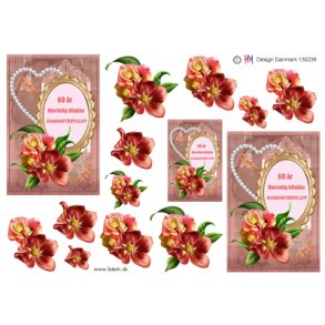 3D klippeark - Diamantbryllup, hjerte, rde blomster, 60 r