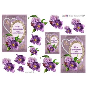 3D klippeark - Krondiamantbryllup, hjerte, lilla blomster, 65 r