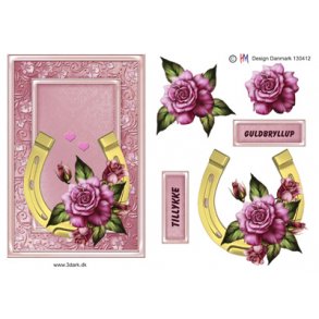 3D klippeark - guldbryllup, smukt telegram m/hestesko til guldbryllup