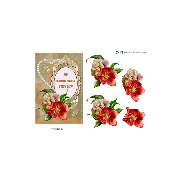3D klippeark - Bryllup. Hjerte, rde blomster, telegram