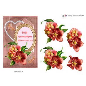 3D klippeark - Diamantbryllup. Hjerte, rde blomster, telegram