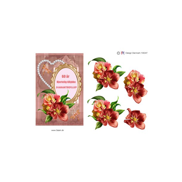 3D klippeark - Diamantbryllup. Hjerte, rde blomster, telegram