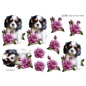 3D klippeark - Dyr. Hunde, hundehvalp og pink rose