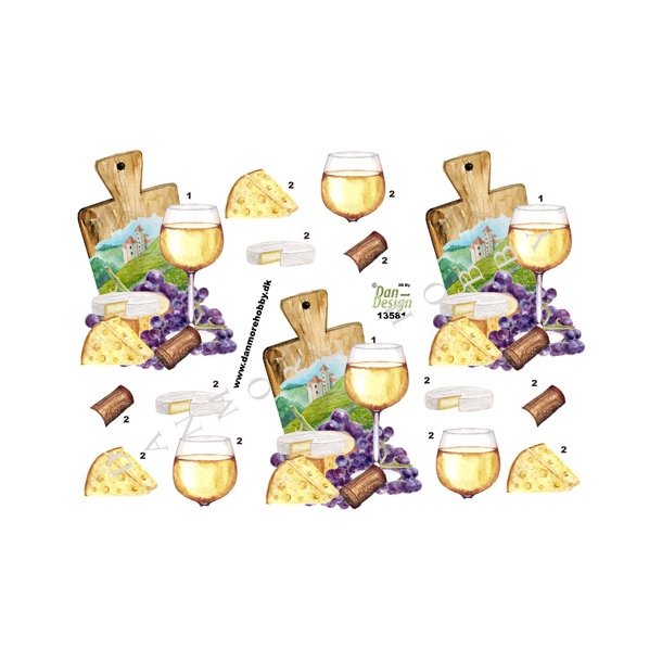 3D klippeark - l og vin. Hvidvin og ost