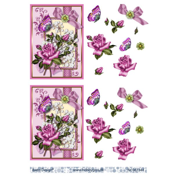 3D klippeark - Blomster. Pink rose p smuk pink/lilla baggrund