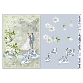 3D klippeark - Bryllup, brudepar smukke lyse gr�nne & bl� farver, telegram