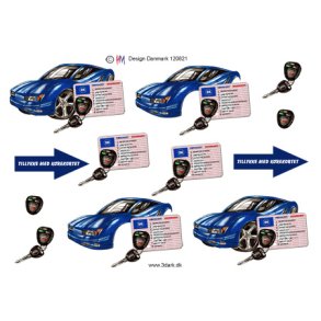 3D klippeark - TILLYKKE med k�rekortet, smart bl� bil