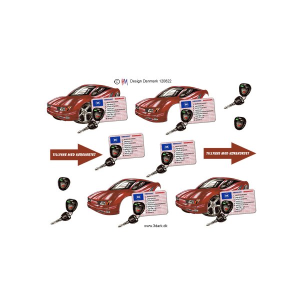 3D klippeark - TILLYKKE med krekortet, smart rd bil